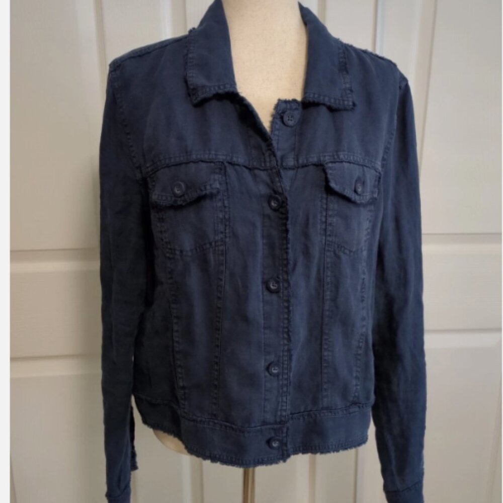 Tommy Bahama Jacket Women L, Linen Raw Edge Two Palms Pockets, Navy Blue, NWOT